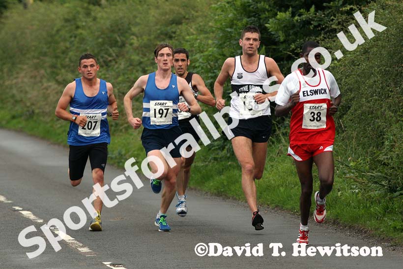 Eventual winner Tadele Geremew (Elswick Harriers) leads 158 Marc Fenwick, 197 Ross Floyd, 207 Karl Taylor and Mike Jeffries after about 5k during the Morpeth 10k Road Race